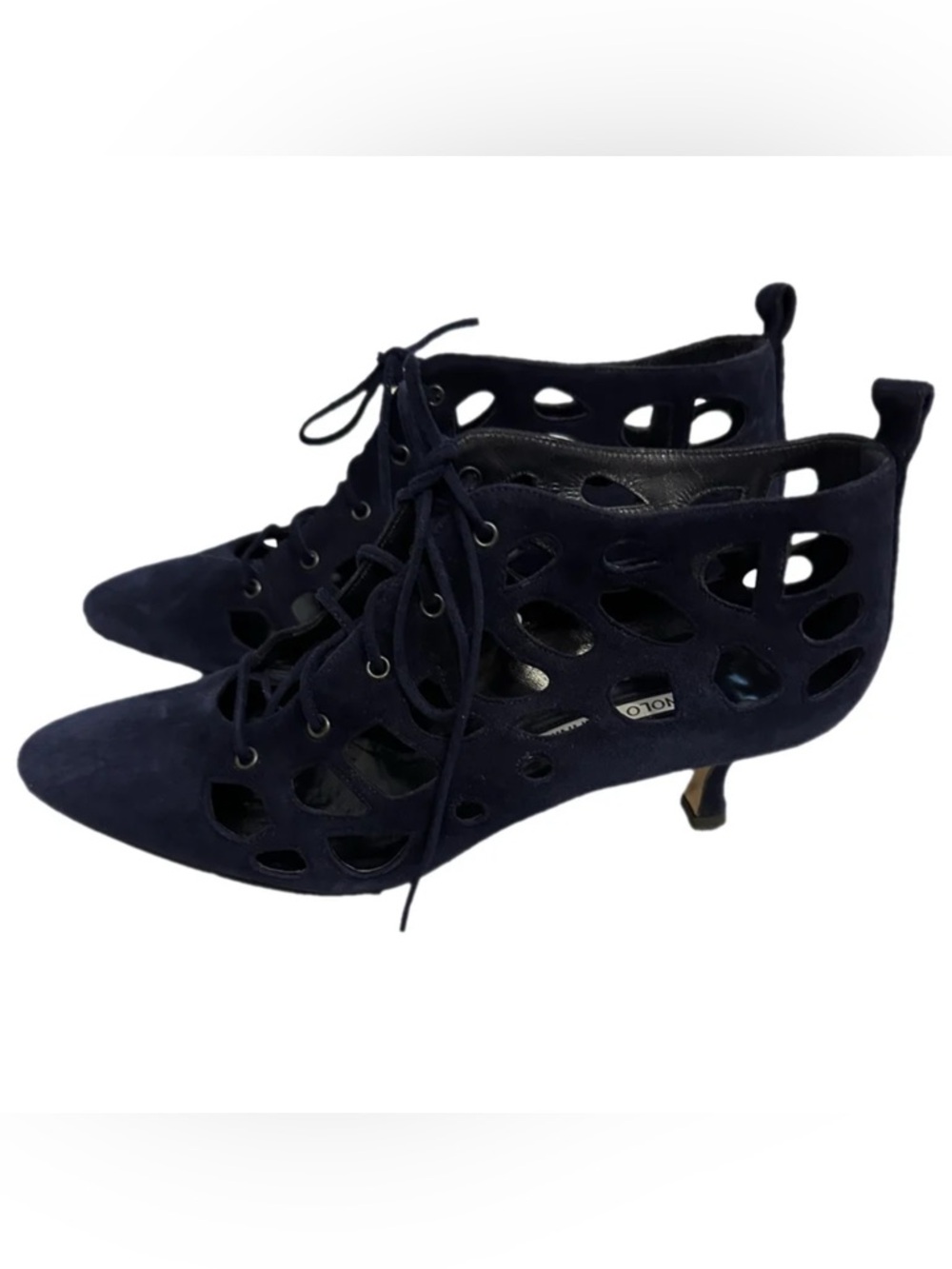 Manolo Blahnik Navy Suede Cutout Lace-Up Ankle Heels